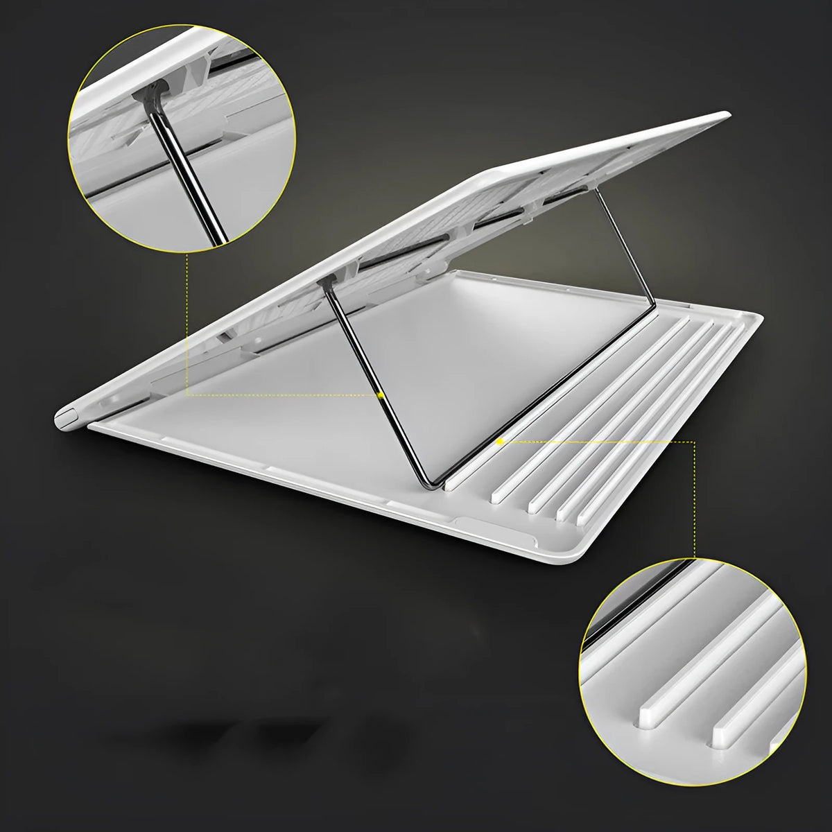 Portable alloy notebook stand for laptops under 16 inches, slim 0.8mm design in black colour
