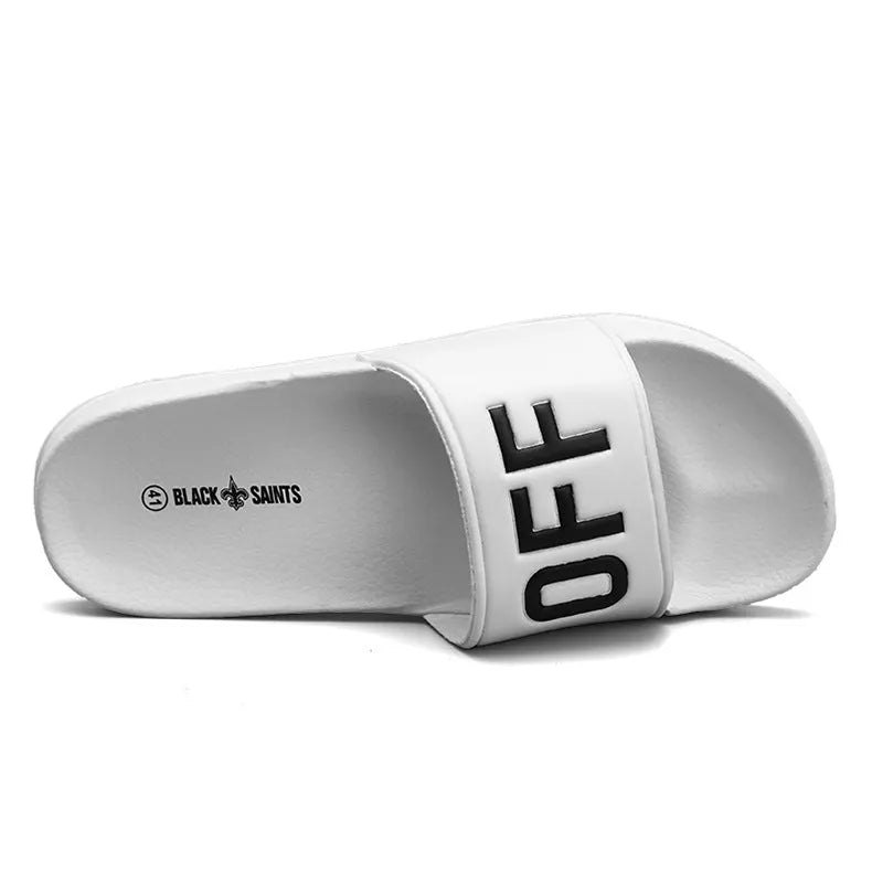 Large size men's personalised open toe slippers in black or white with a rubber sole.