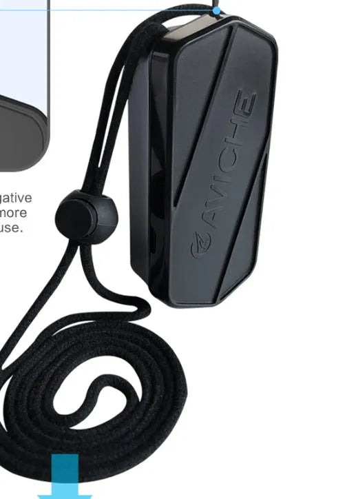 Black portable air purifier necklace with plastic housing measuring 80x37x24mm