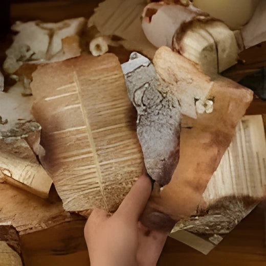 Assortment of Sugar Poem burnt paper fragments with irregular shapes and charred edges on a craft table.