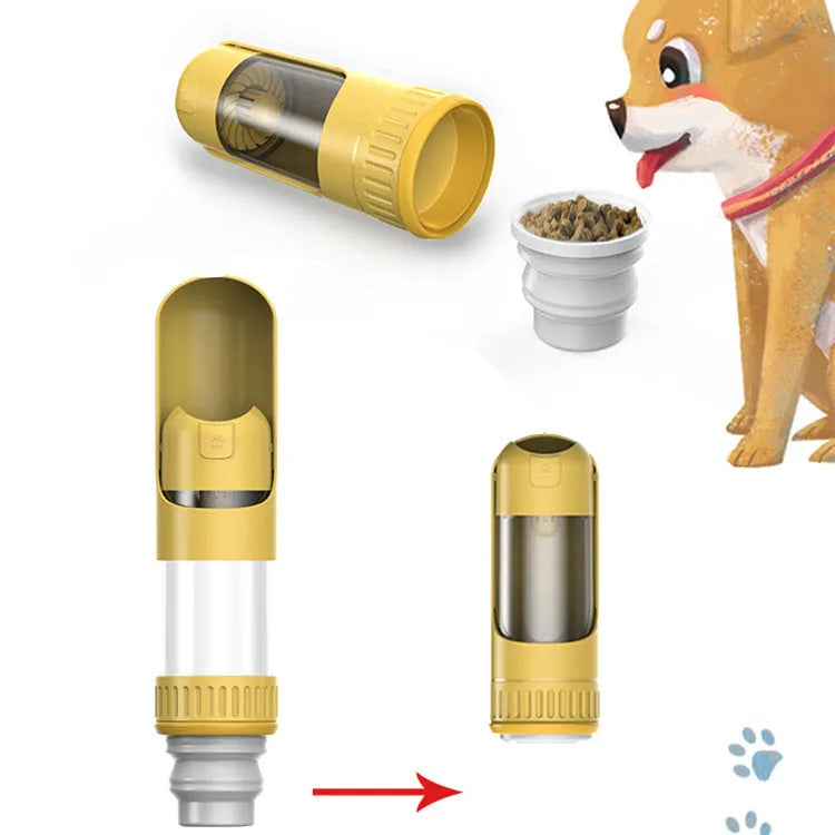 Portable dog water bottle with built-in bowl in dark blue, white, and yellow colour options