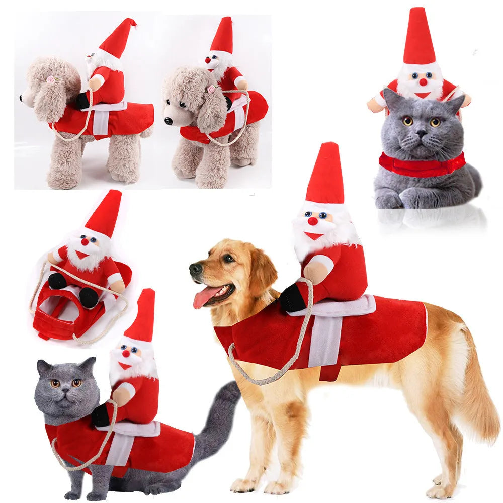 Santa Claus horseback riding pet costume in cloth, styles Brown, Christmas doll, Old man doll, sizes S to XL.