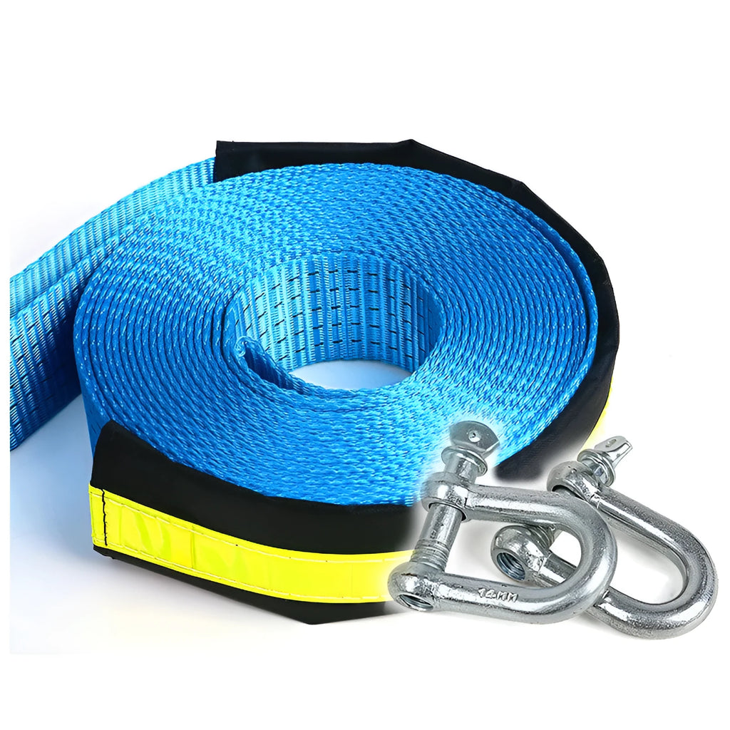 Blue 5-metre 8-ton polyester tow rope with hook fixings on both ends for car towing and rescue