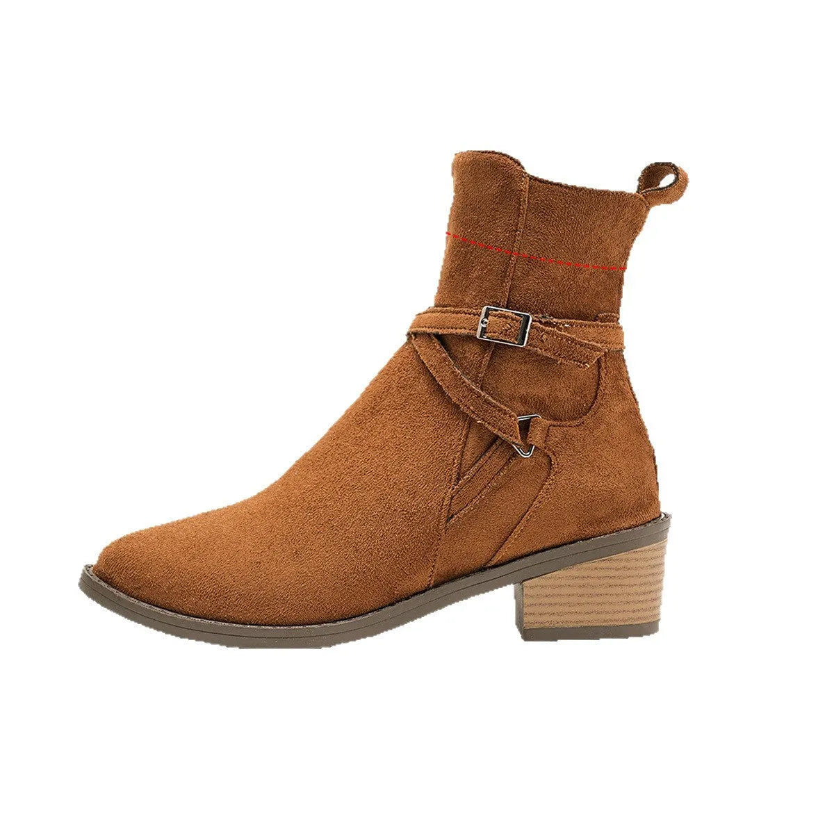 Women's suede ankle boots with cross-strap, side zipper, mid-heel square heel, round toe, available in camel and black sizes 36-43