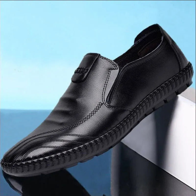 Men's leather shoes in black and brown colours with flat heel design and lace-up or slip-on styles