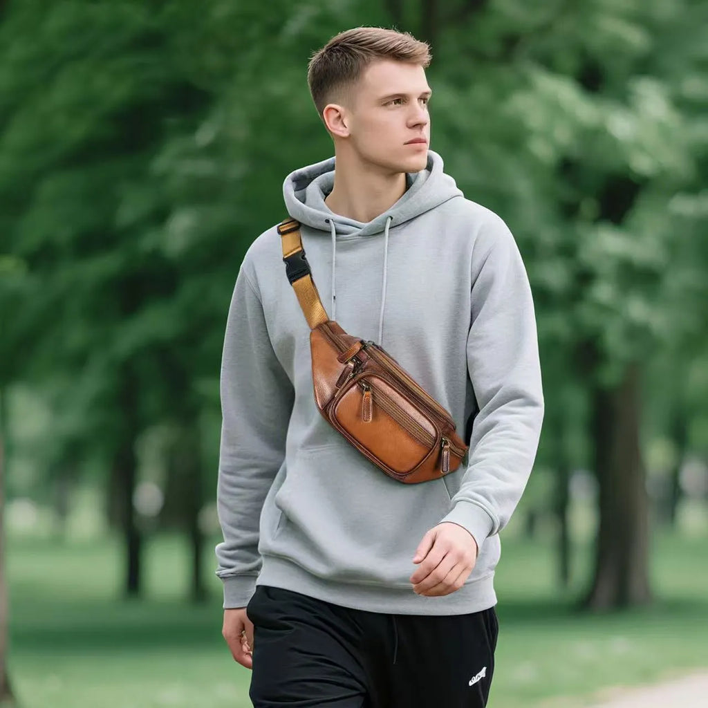 Genuine leather men's chest bag first layer cowhide Brown Coffee retro solid colour messenger bag