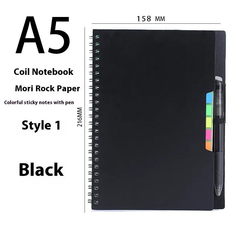 Erasable coil notebook with customisable cover options, featuring waterproof rock paper and included pen