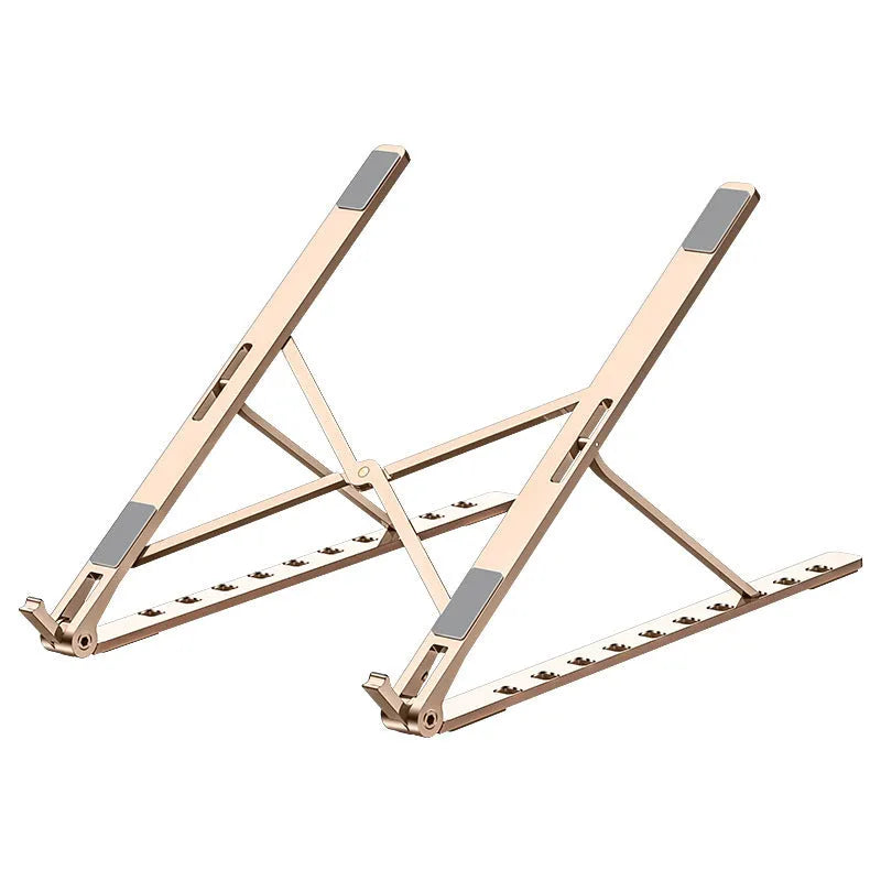 Folding aluminium alloy laptop stand in grey with silicone pads, angled to show ten gear adjustment