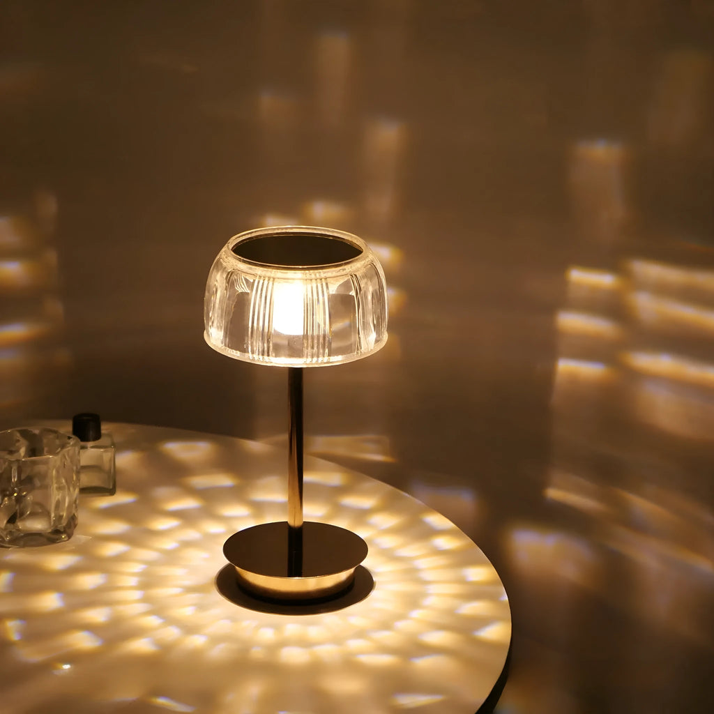 Adjustable acrylic and metal LED table lamp, 13.5cm x 30cm, battery operated with three colour modes