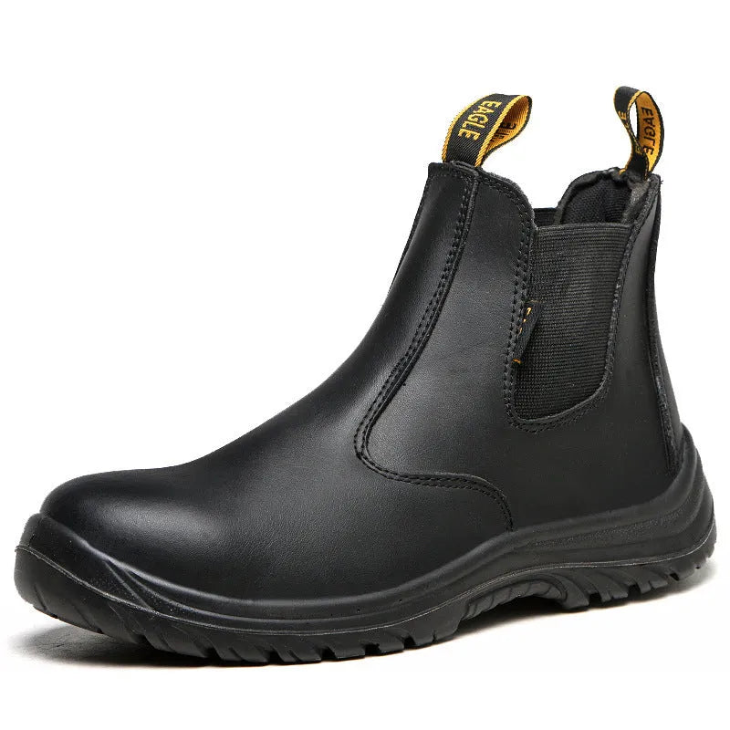 Black high-top leather safety work boots with anti-piercing feature on a work site background.