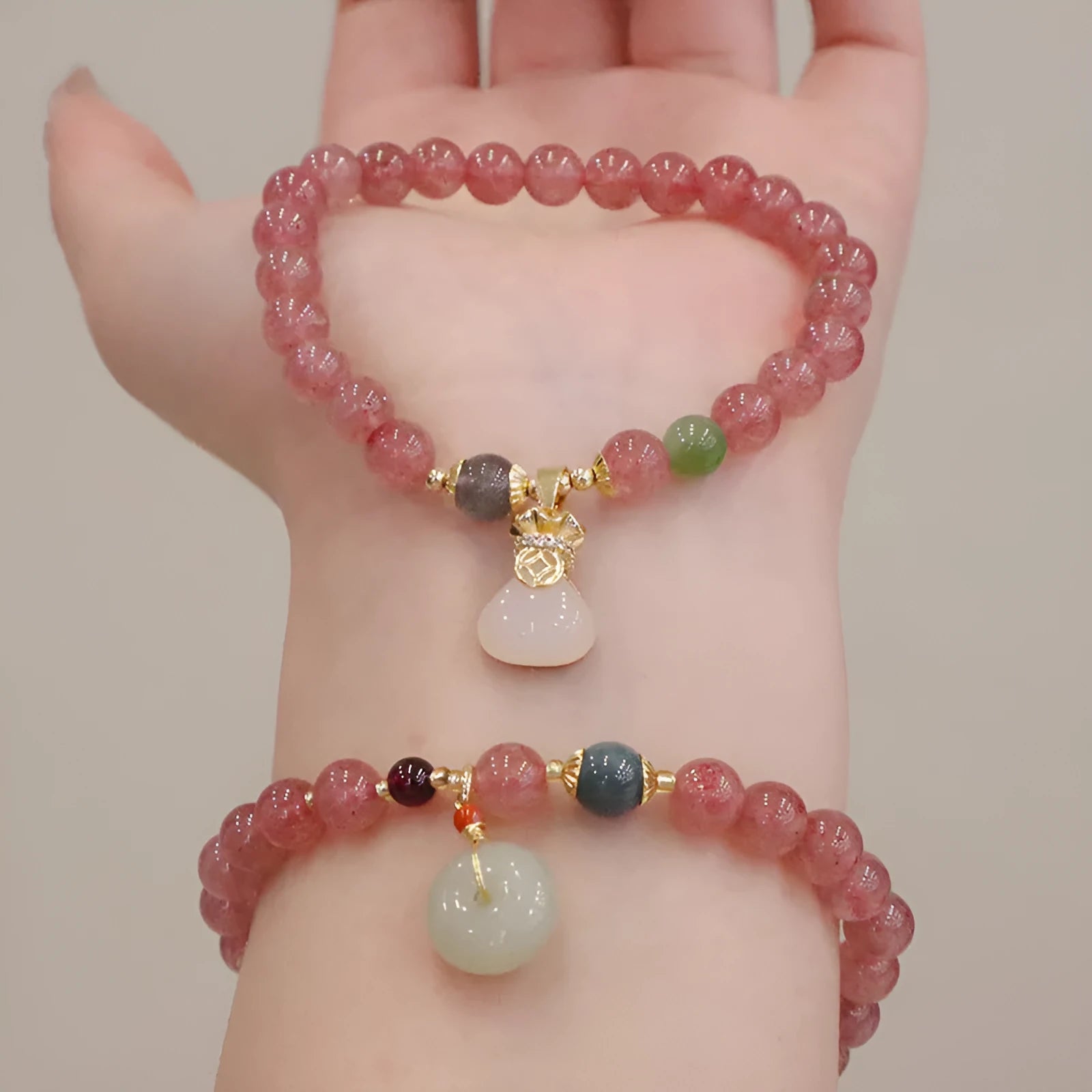Natural strawberry quartz women's bracelet with geometric design and silver safety buckle