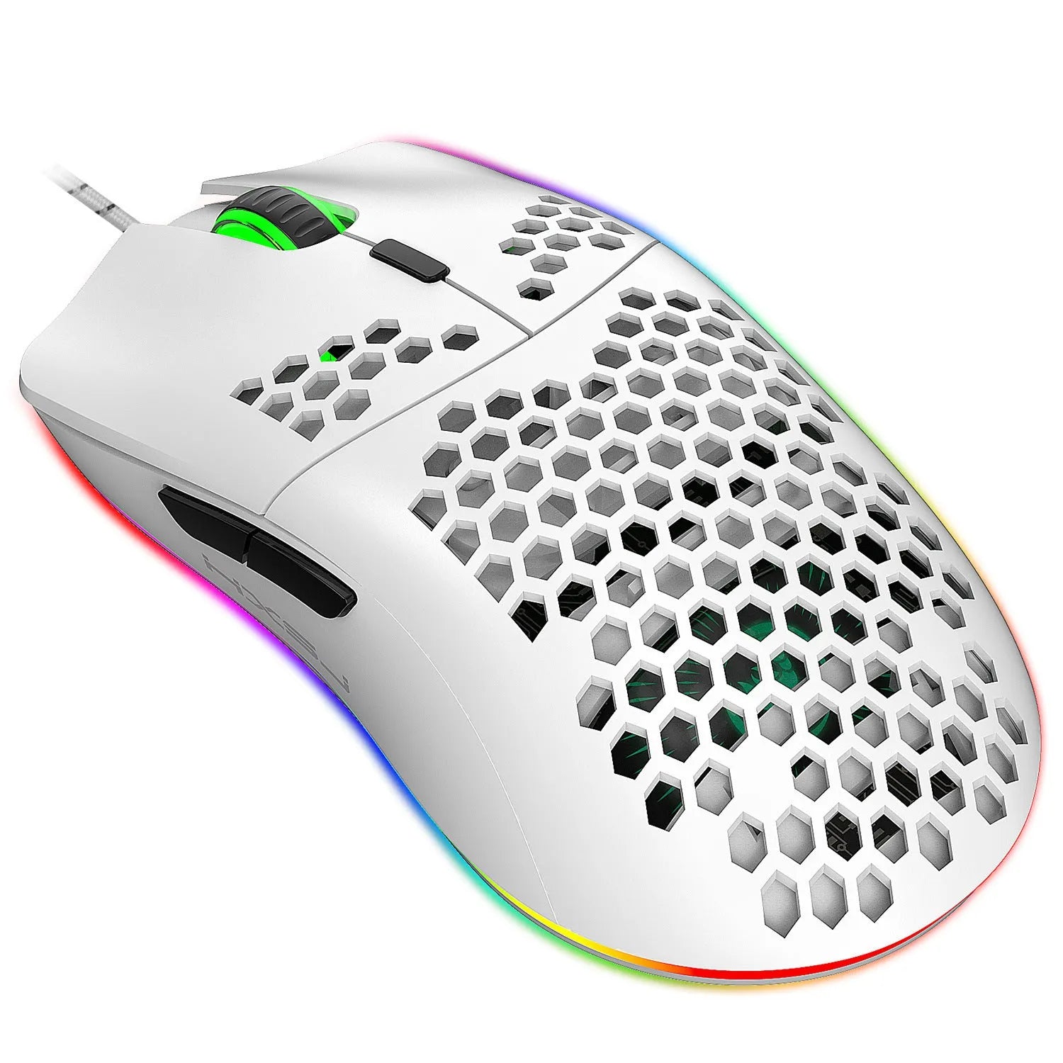 J900 lightweight honeycomb shell wired RGB gaming mouse in black with 6 programmable buttons and 150cm USB cable