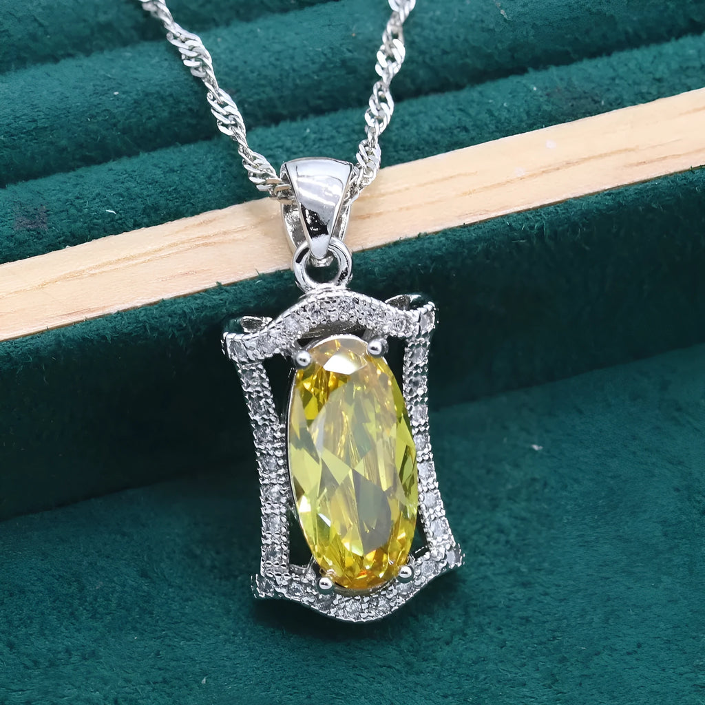 Zircon jewellery set with anti-allergy alloy pendant, snake bones chain, earrings, ring and bracelet in yellow or olive
