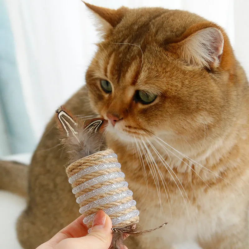 Beige interactive cat feather wand toy with hemp rope scratching surface and a catnip ball.