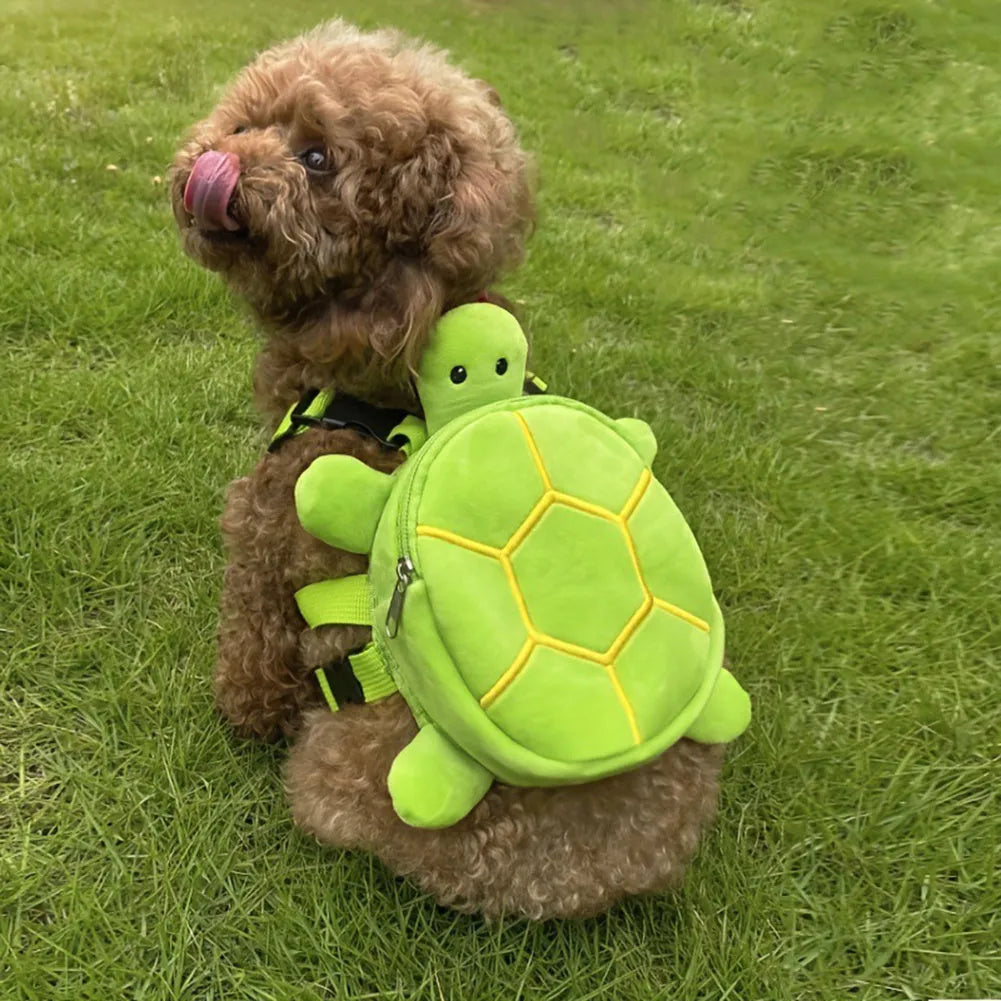 Cartoon turtle shape dog backpack harness in velvet material with metal zipper, measuring 20 x 18cm
