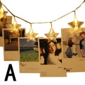 LED star clip festoon lights on a dark background showing warm white 3-metre string with 20 star-shaped lamps