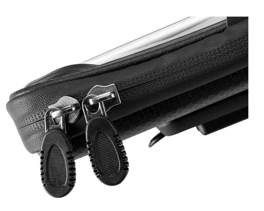 Black bicycle handlebar bag with transparent touch screen phone mount and rotating base mounted on a bike