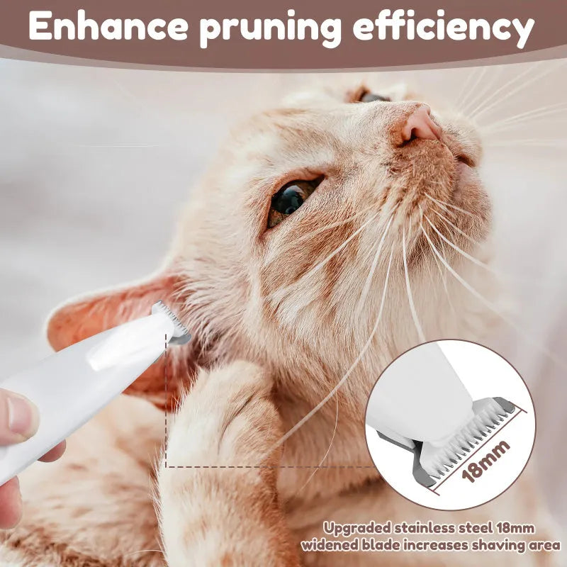 White waterproof dog paw trimmer with LED light and LED display, 18mm widened stainless steel blade, cordless rechargeable pet hair clipper