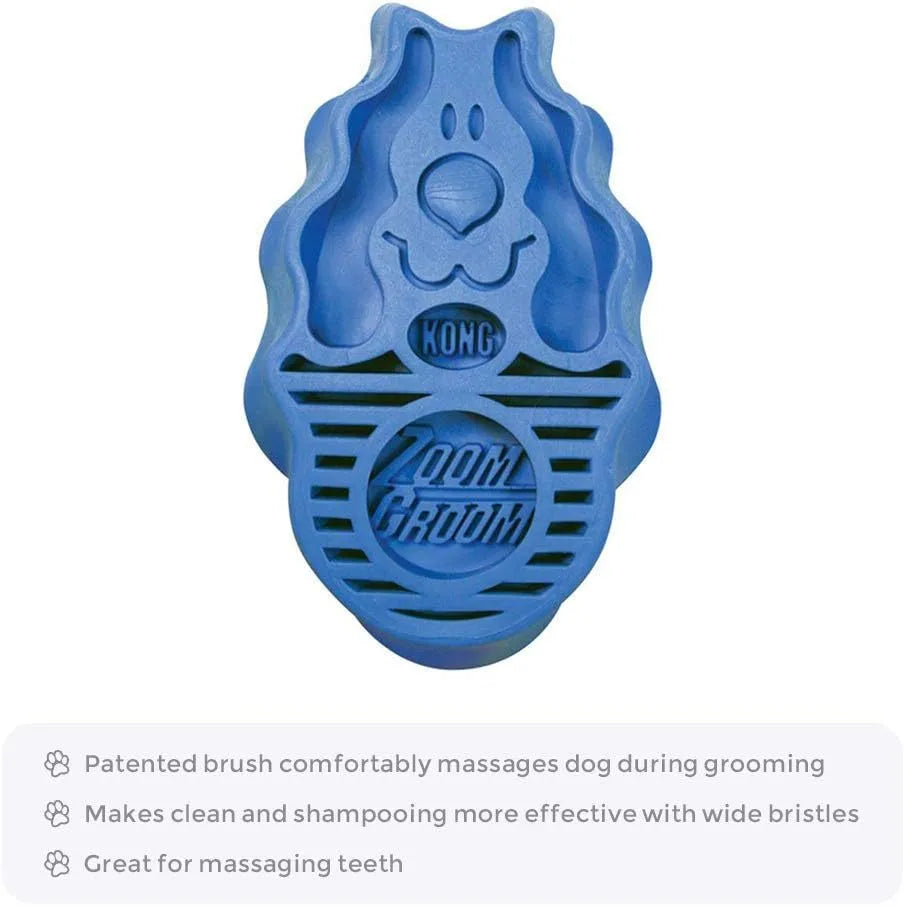 Blue dog brush for grooming and shampooing with rubber bristles, puppy size, 7.5x12.5x4.5cm