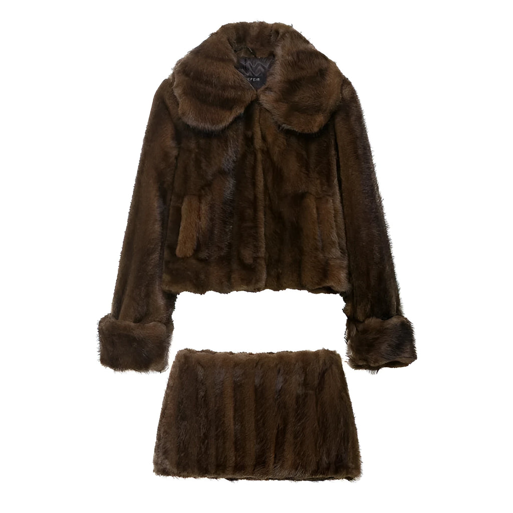 Women's faux fur coat and skirt set in solid colour with button details, long sleeves, blended polyester, sizes XS to L