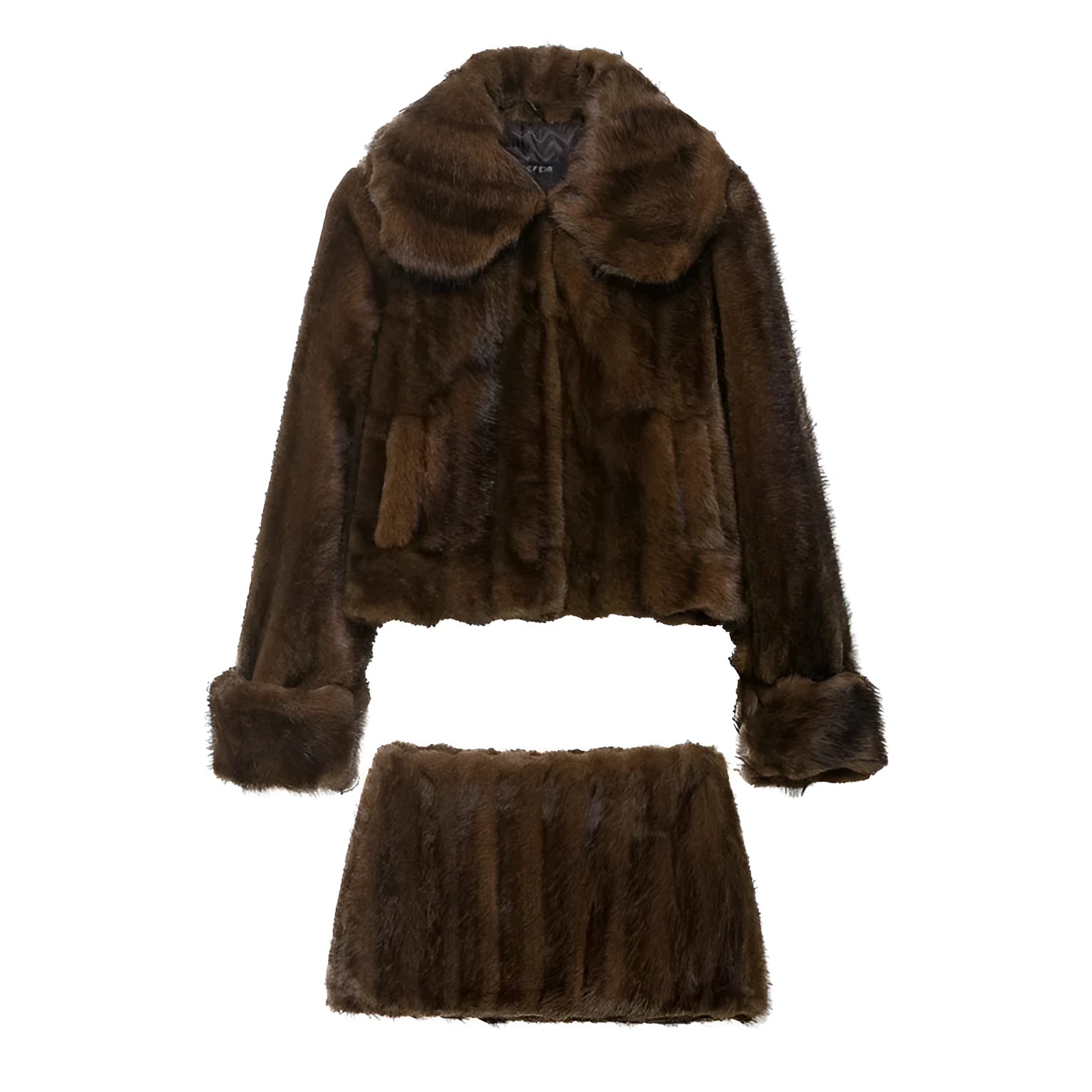 Women's faux fur coat and skirt set in solid colour with button details, long sleeves, blended polyester, sizes XS to L