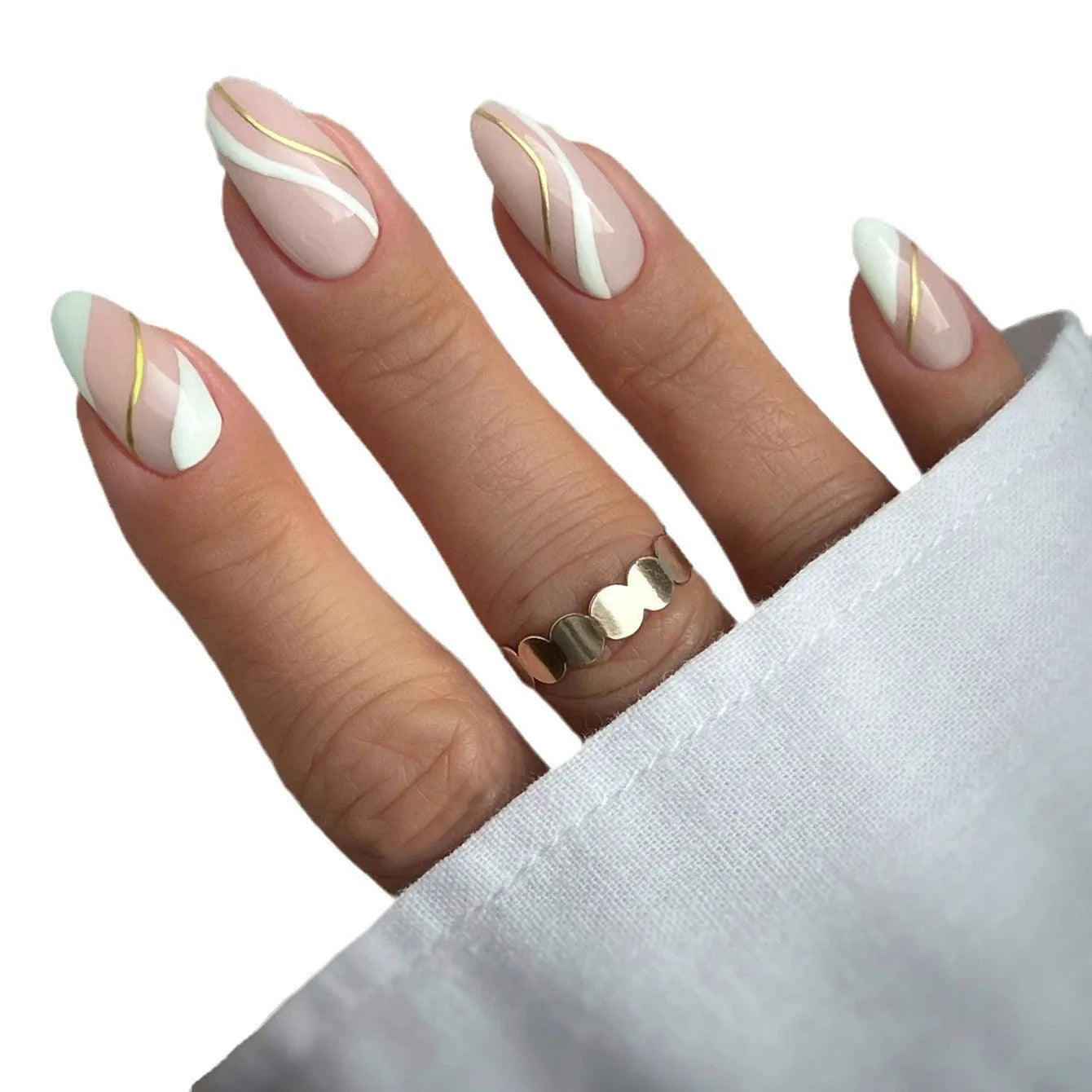 Golden lines plaid pattern on medium drop-shaped wearable plastic nail art stickers, colour JF0518 jelly glue.