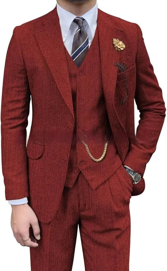 Men's wool slim fit three-piece set with jacket, vest, and trousers in light business style