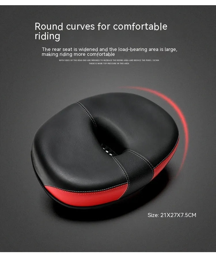 Large thickened bicycle saddle in red, grey, or light brown with reflective stickers.