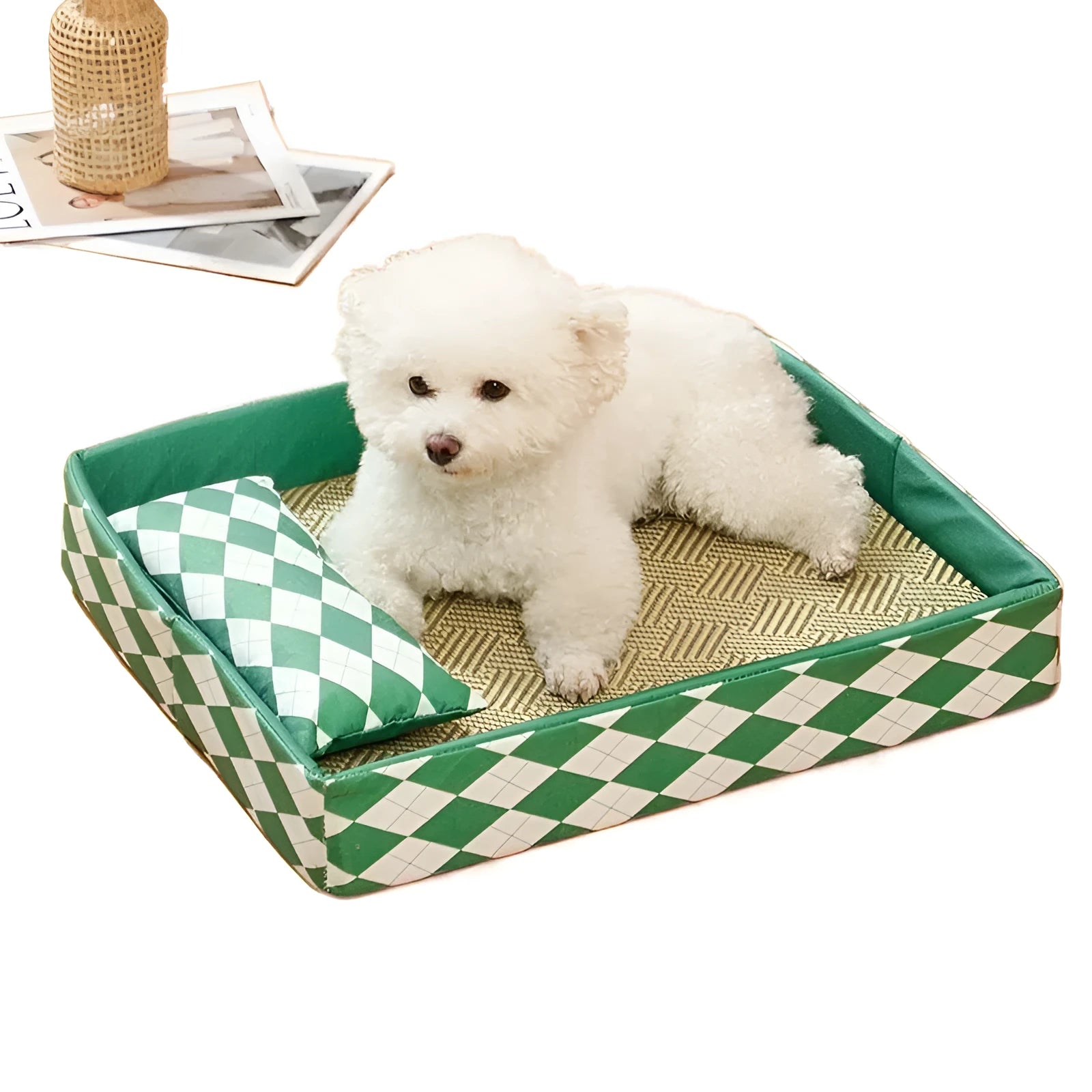 Rattan woven cat litter mat serving as cooling bed in blue, size options shown