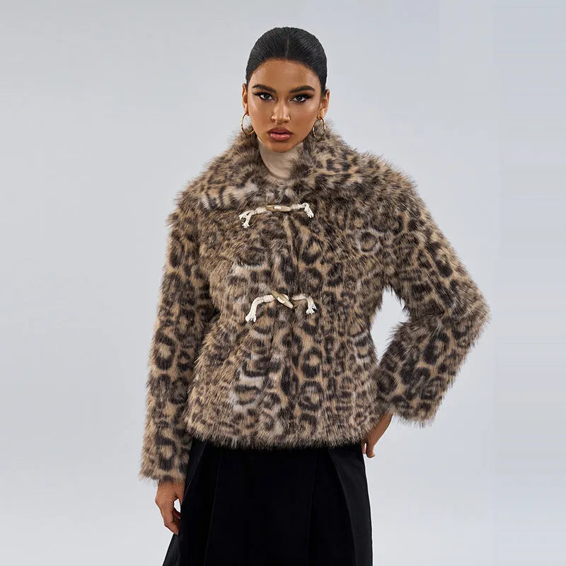 Women's leopard print coat with buckle lapel closure in street fashion style