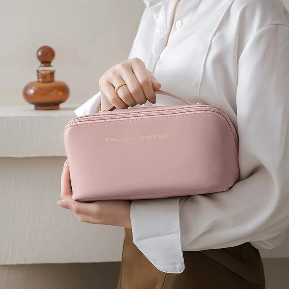 PU leather travel cosmetic bag with steel wire opening, 23.5x11x10.5cm, in rose pink.