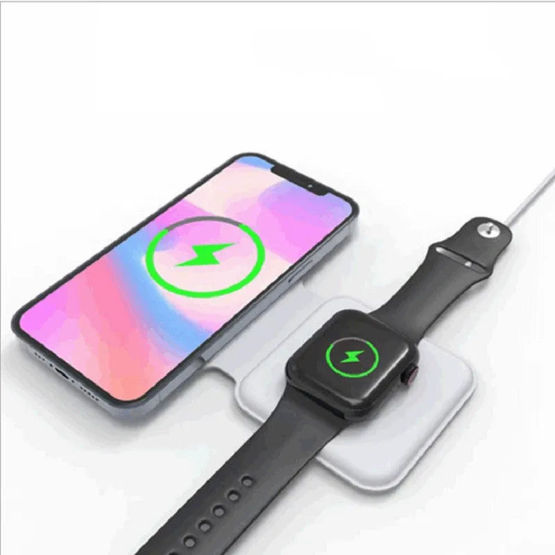 White foldable magnetic wireless charging dock in stand and flat modes