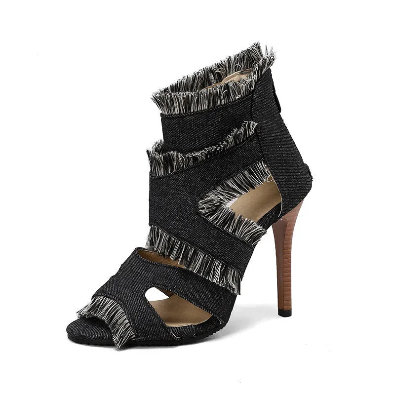 Women's plus size denim high heel sandals in leopard print pattern with adjustable straps size 40