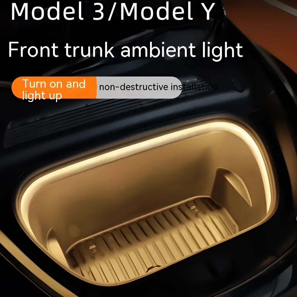 Tesla Model 3 Y front ambience light kit with soft silicone light bar in pure white, warm white, or ice blue colour options.