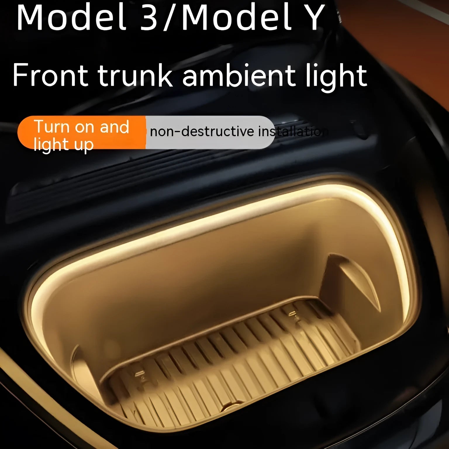 Tesla Model 3 Y front ambience light kit with soft silicone light bar in pure white, warm white, or ice blue colour options.