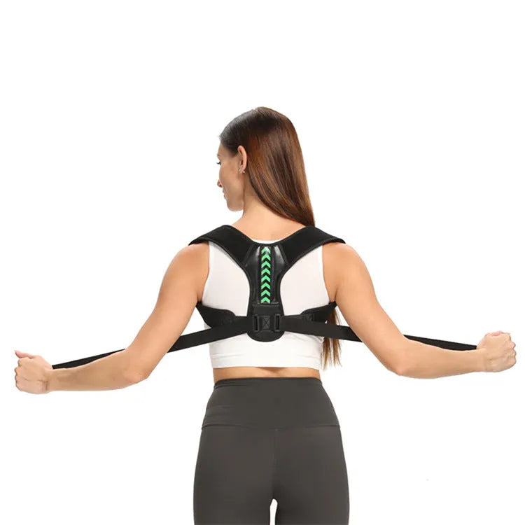 Anti camel sitting posture correction belt in black green colour showing adjustable nylon webbing straps
