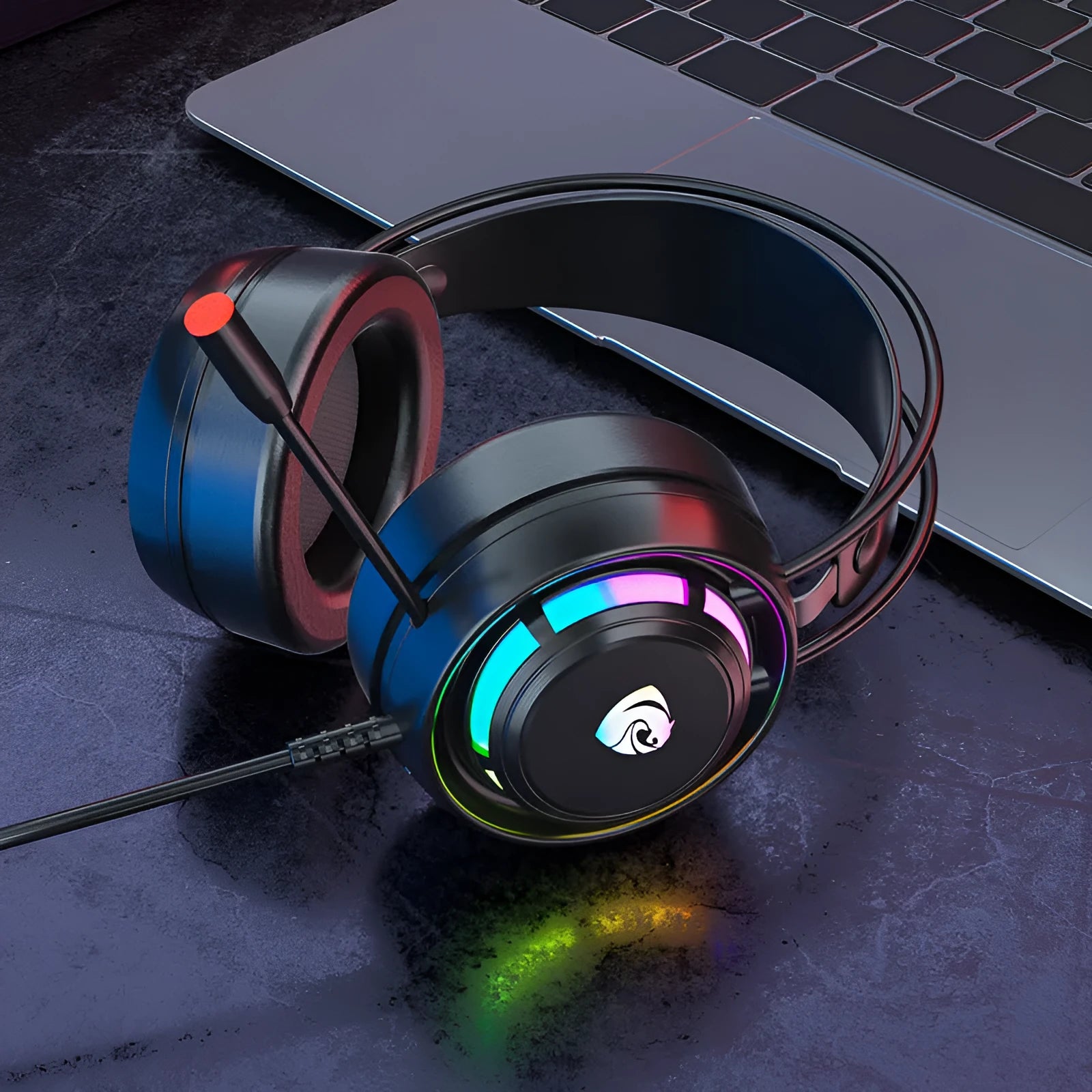 Black computer gaming headphones with microphone, 50mm drivers, and choice of 3.5mm or USB connectivity