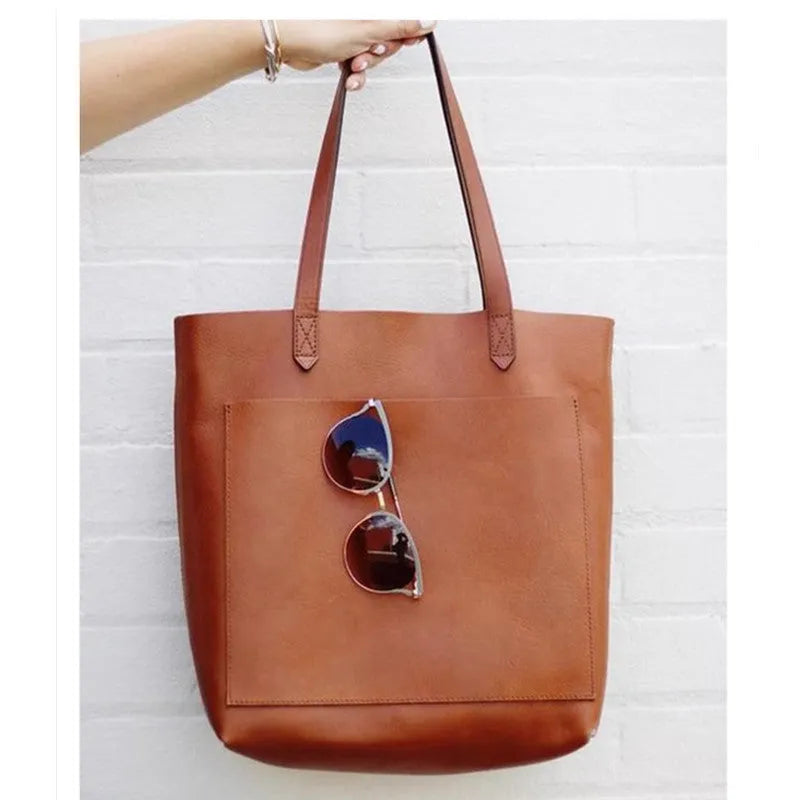 Medium genuine first layer cowhide leather tote bag square vertical shape double shoulder straps black brown