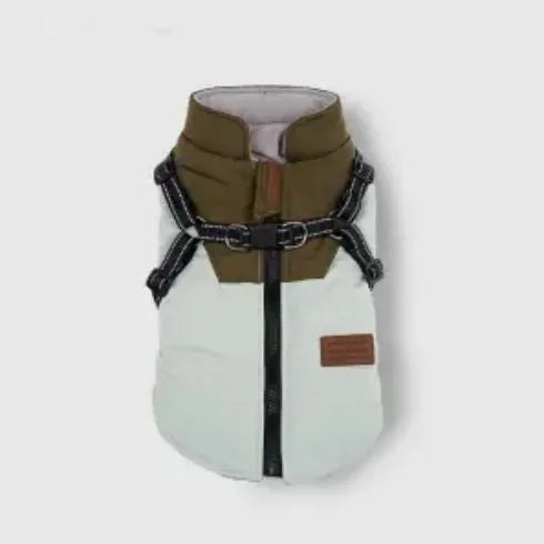 Winter warm dog vest with towing ring in graphite gray, jade green, or pale blue, cotton, sizes S-XXL.