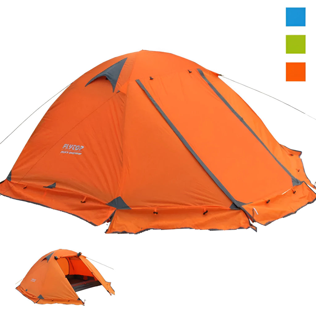 Blue double camping tent with aluminium poles set up outdoors for anti-storm protection