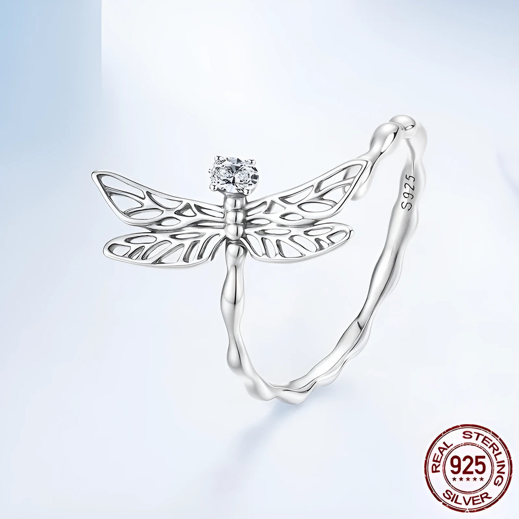 S925 Sterling Silver Dragonfly Open Ring with Inlaid Zircon Adjustable Size