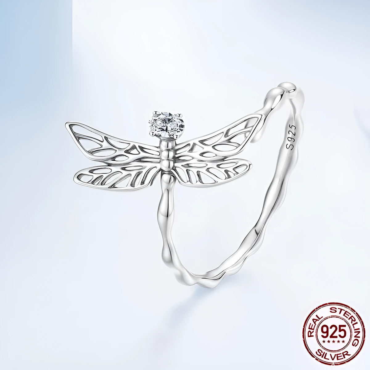 S925 Sterling Silver Dragonfly Open Ring with Inlaid Zircon Adjustable Size