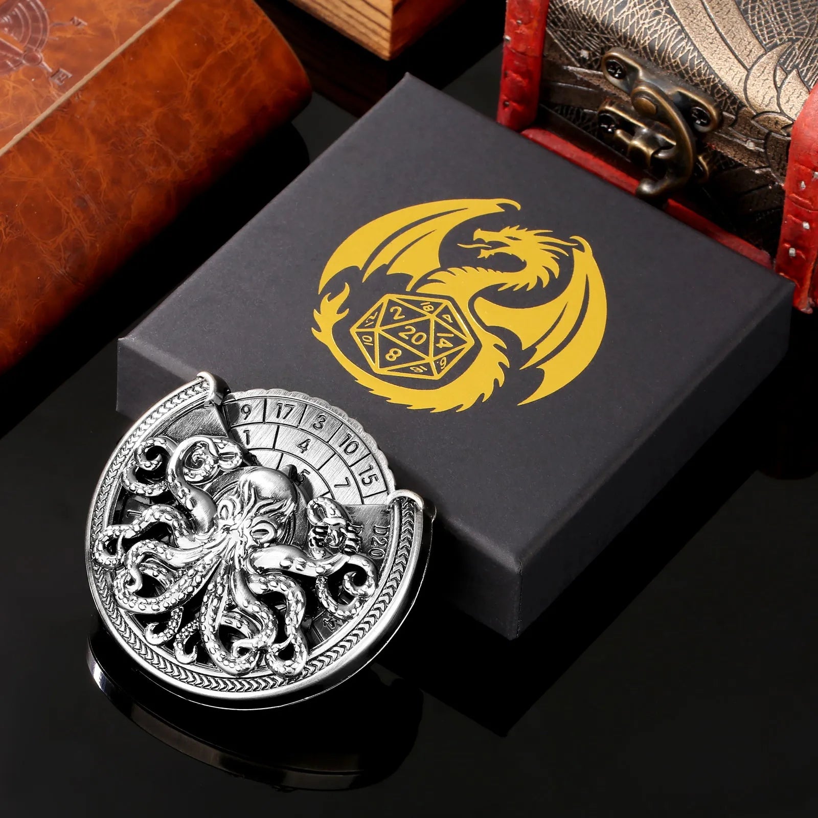 Vintage metal octopus dice turntable in bronze finish on tabletop, compact dice rolling accessory