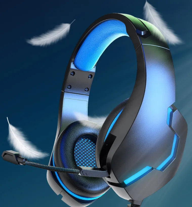 J10 3.5mm wired gaming headset with microphone and LED lights in blue