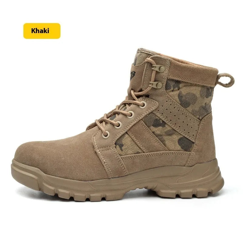Khaki high-top suede combat boots with steel toe cap and front lace-up closure on a rubber sole.