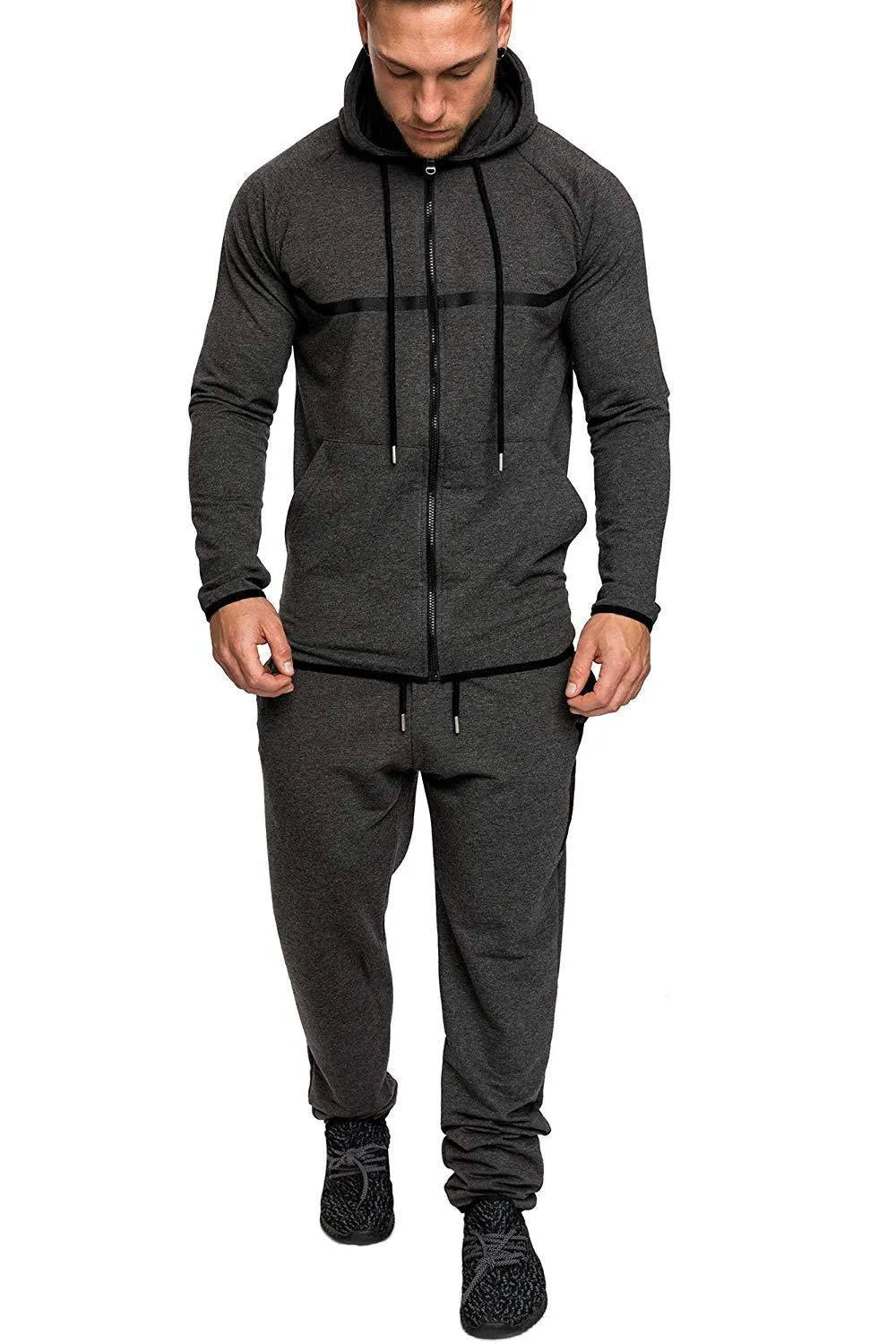 Men's cotton knit hooded tracksuit set with snowflake pattern, top and trousers, black dark grey army green