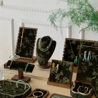 Walnut solid wood necklace display stand with Jiangnan ink painting bamboo design and multiple tiers