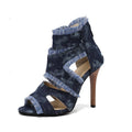 Women's plus size denim high heel sandals in leopard print pattern with adjustable straps size 40