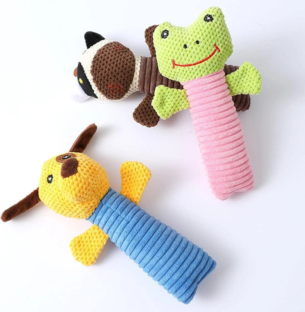Squeaky plush dog chew toy in animal shapes for dental cleaning, size 19cm by 5cm