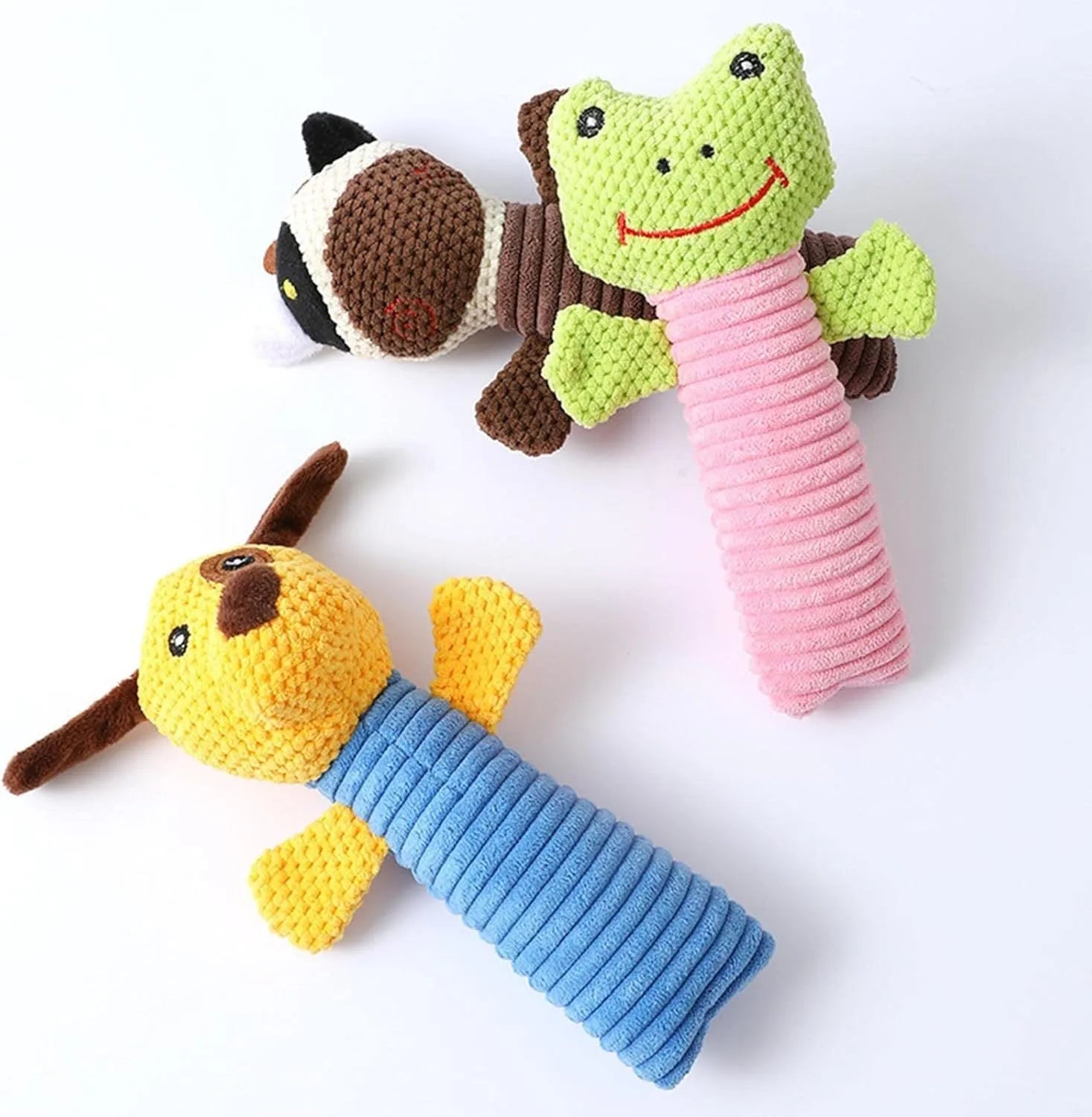 Squeaky plush dog chew toy in animal shapes for dental cleaning, size 19cm by 5cm